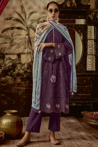 Purple Color Art Silk Fabric Parsi Embroidered Function Wear Long Straight Cut Salwar Kameez