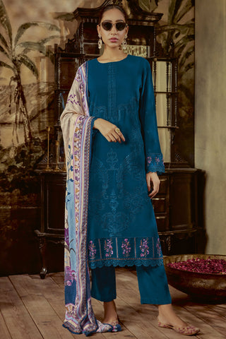 Blue Parsi Embroidered Long Straight Cut Suit In Art Silk Fabric