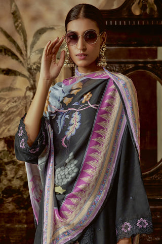 Parsi Embroidered Art Silk Fabric Long Straight Cut Suit In Black Color