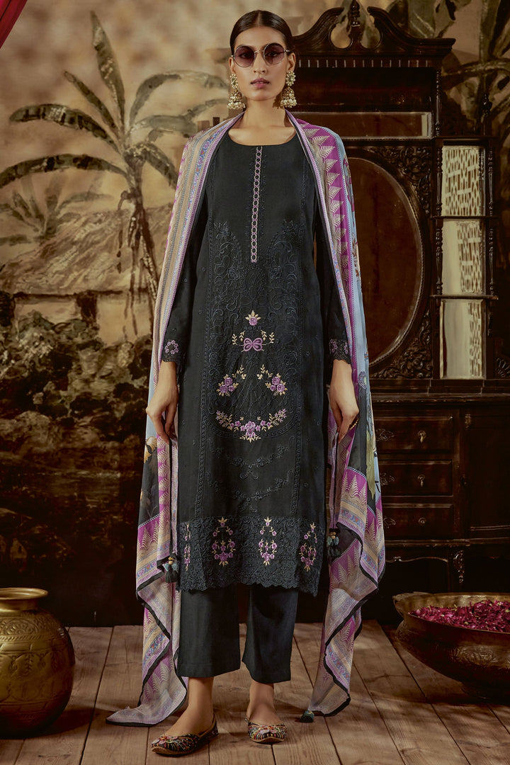 Parsi Embroidered Art Silk Fabric Long Straight Cut Suit In Black Color