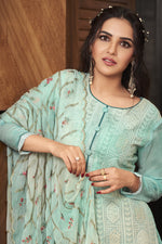 Load image into Gallery viewer, Georgette Fabric Embroidered Sangeet Wear Palazzo Suit Featuring Jasmin Bhasins In Light Cyan Color
