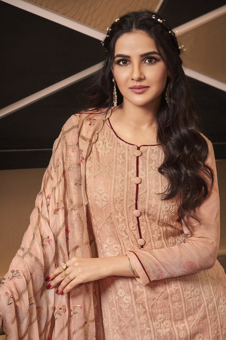 Georgette Fabric Sangeet Wear Embroidered Peach Color Palazzo Suit Featuring Jasmin Bhasins