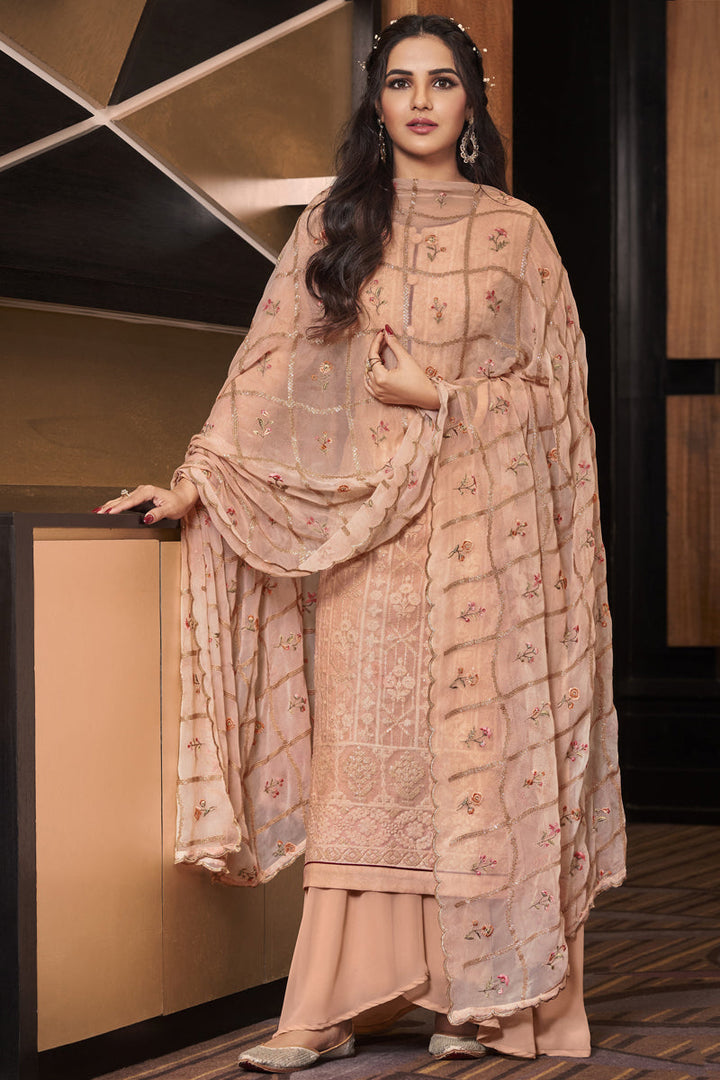 Georgette Fabric Sangeet Wear Embroidered Peach Color Palazzo Suit Featuring Jasmin Bhasins