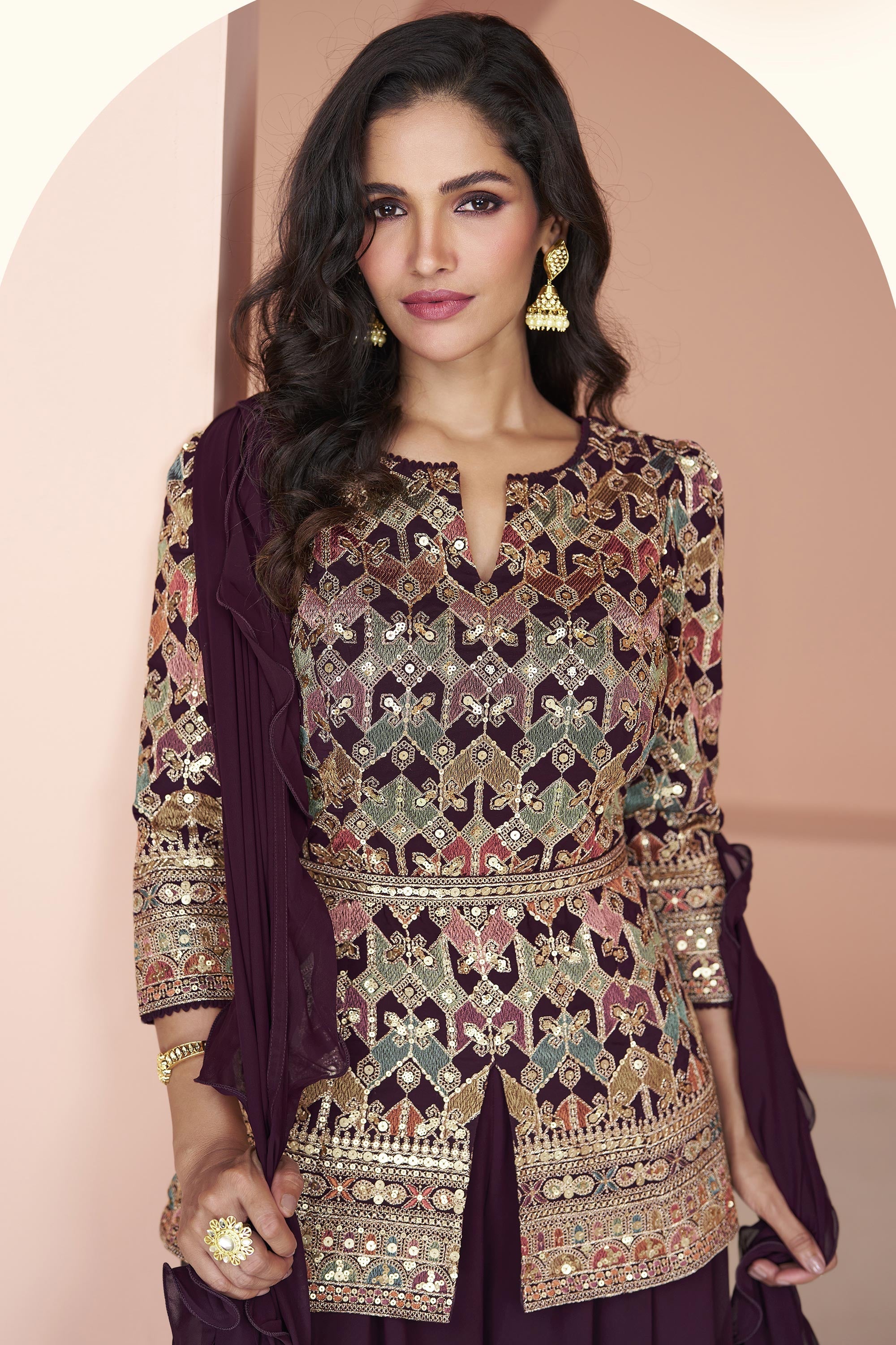 Purple Color Embroidered Readymade Designer Indo Western Palazzo Suit