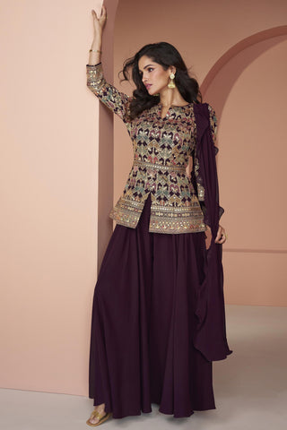 Purple Color Embroidered Readymade Designer Indo Western Palazzo Suit