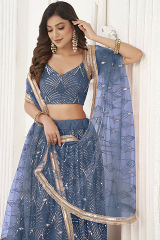 Fashionable Blue Color Sangeet Wear Net Fabric Lehenga Choli