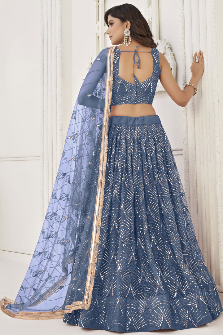 Fashionable Blue Color Sangeet Wear Net Fabric Lehenga Choli