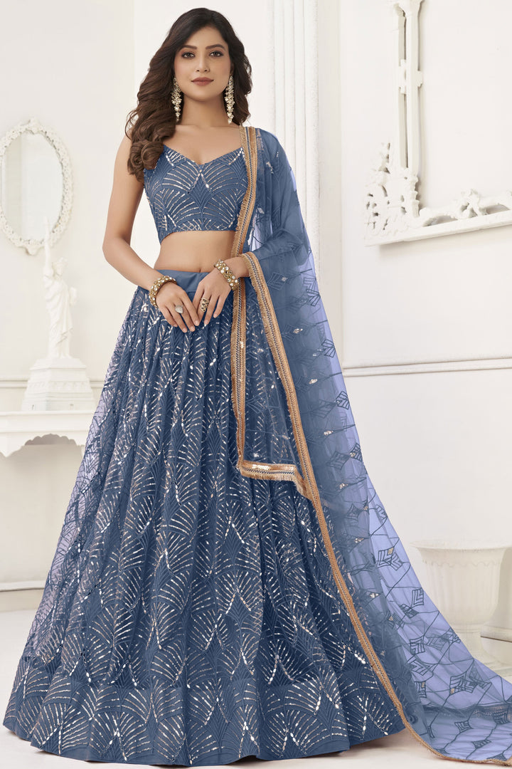 Fashionable Blue Color Sangeet Wear Net Fabric Lehenga Choli