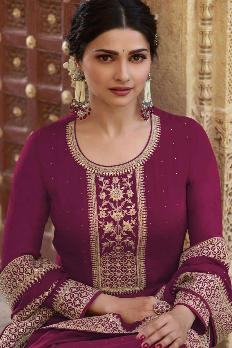 Prachi Desai Party Style Georgette Fabric Burgundy Color Fancy Embroidered Straight Cut Suit