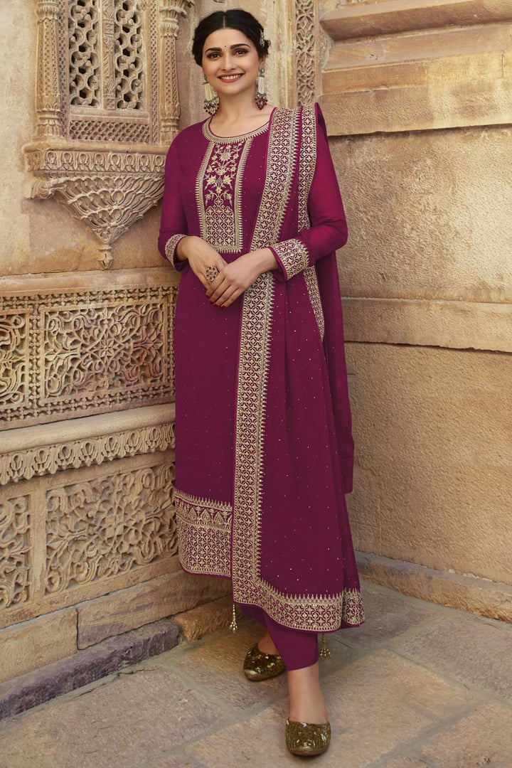 Prachi Desai Party Style Georgette Fabric Burgundy Color Fancy Embroidered Straight Cut Suit