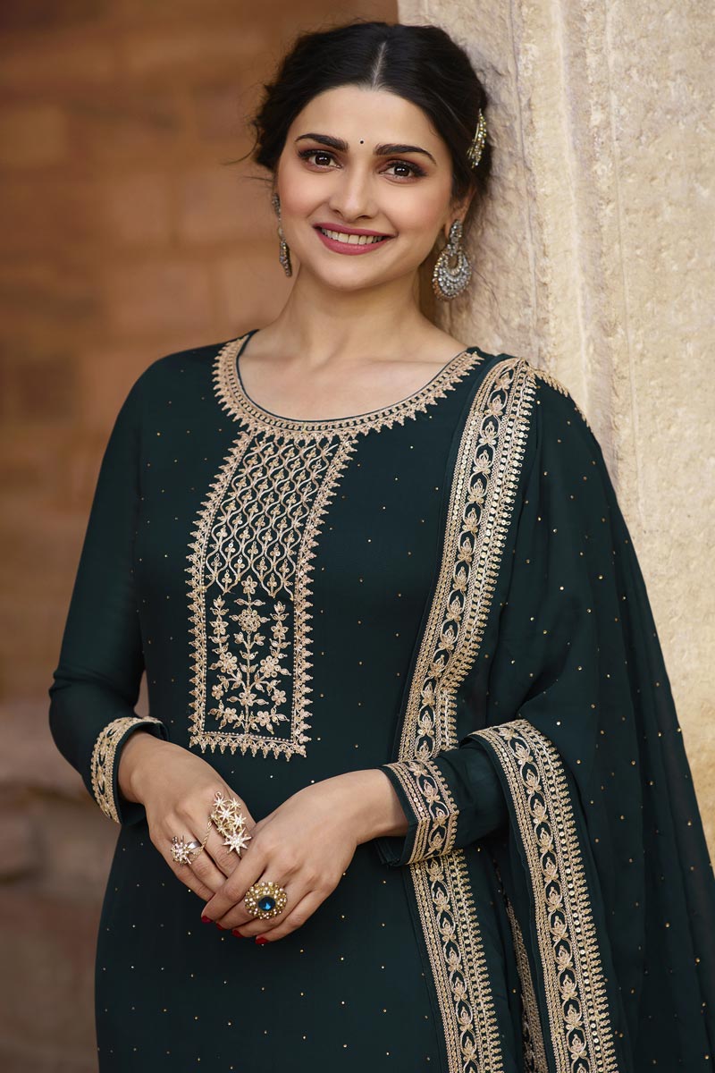 Prachi Desai Teal Color Party Style Fancy Embroidered Georgette Fabric Straight Cut Dress
