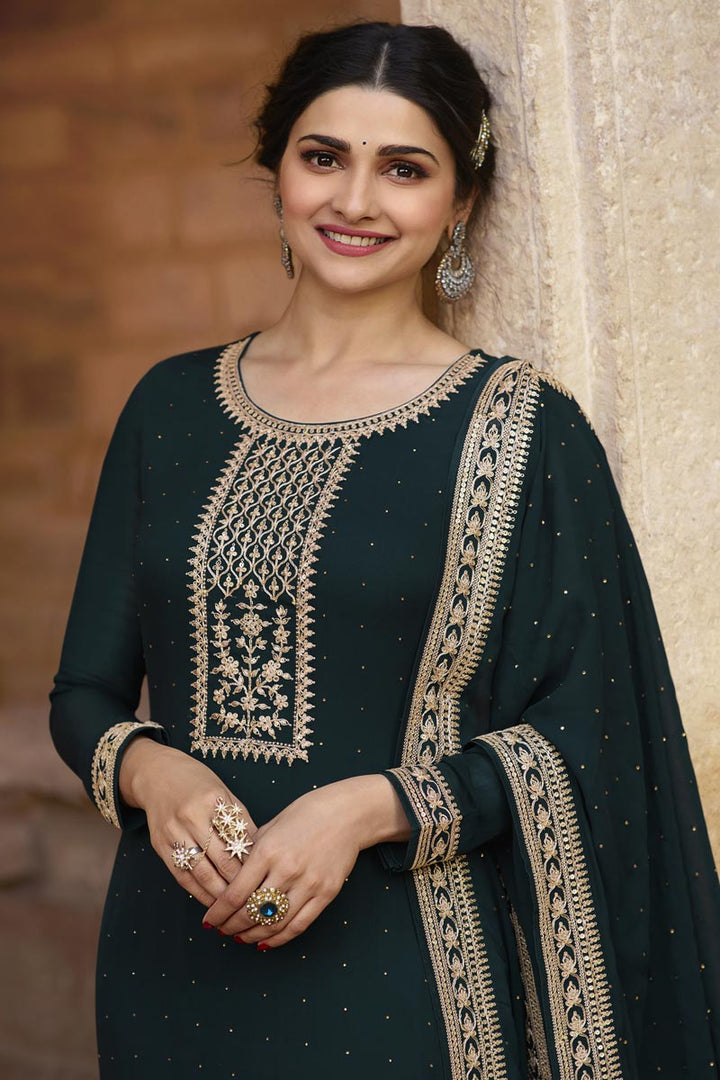 Prachi Desai Teal Color Party Style Fancy Embroidered Georgette Fabric Straight Cut Dress