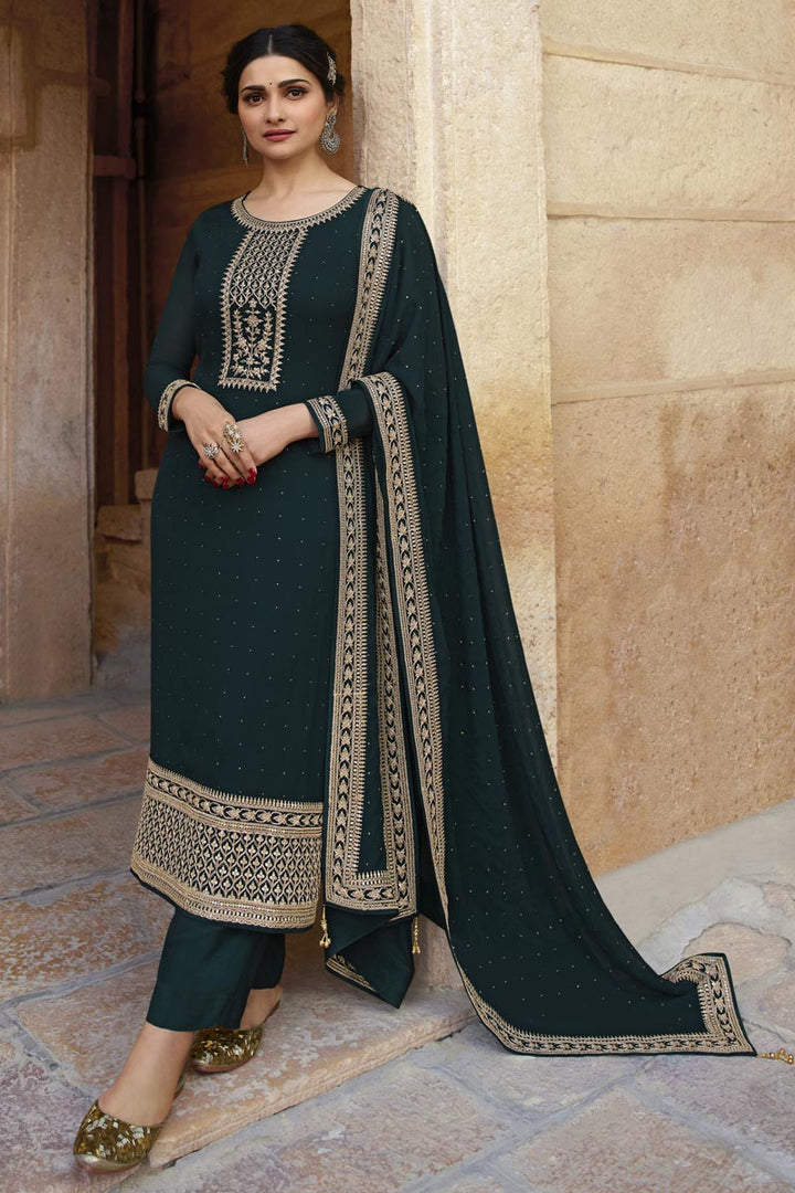 Prachi Desai Teal Color Party Style Fancy Embroidered Georgette Fabric Straight Cut Dress