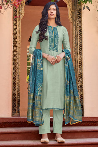 Festive Wear Embroidered Cotton Silk Fabric Straight Cut Suit In Sea Green Color