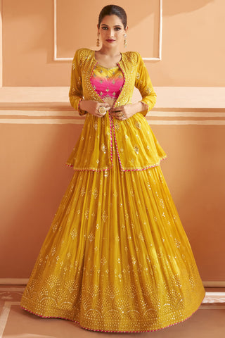 Occasion Wear Yellow Embroidered Readymade Lehenga In Fancy Fabric With Designer Blouse