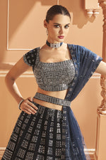 Load image into Gallery viewer, Fancy Fabric Navy Blue Sangeet Wear 3 Piece Embroidered Readymade Lehenga With Enigmatic Blouse
