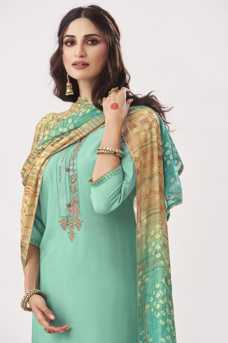 Cyan Color Viscose Fabric Function Wear Embroidered Palazzo Salwar Kameez | Buy Online India