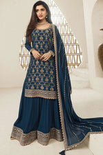 Load image into Gallery viewer, Nidhi Shah Navy Blue Color Embroidered Palazzo Suit In Chinon Jacquard Fabric
