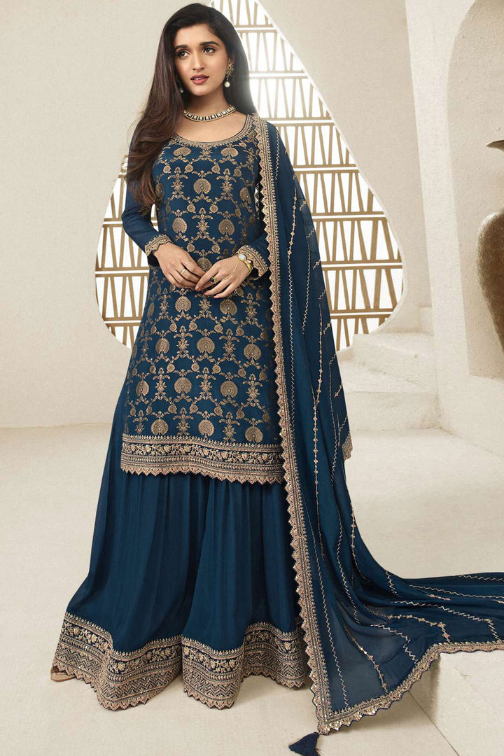 Nidhi Shah Navy Blue Color Embroidered Palazzo Suit In Chinon Jacquard Fabric