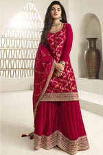 Load image into Gallery viewer, Nidhi Shah Embroidered Chinon Jacquard Fabric Palazzo Suit In Red Color
