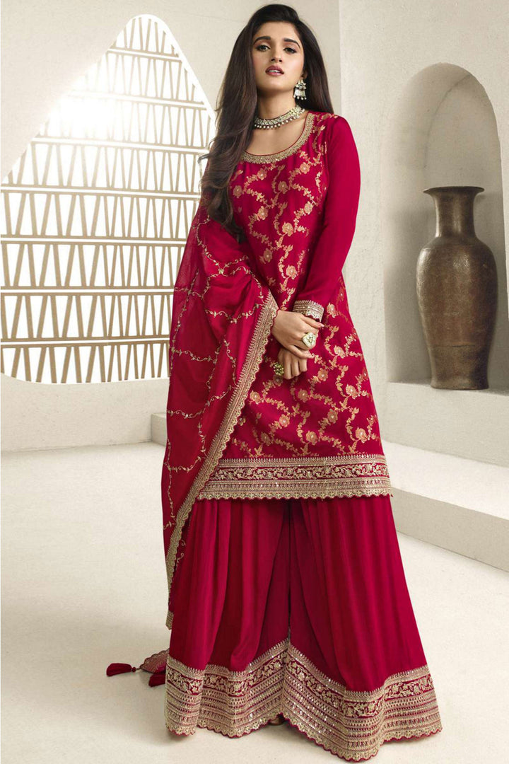 Nidhi Shah Embroidered Chinon Jacquard Fabric Palazzo Suit In Red Color