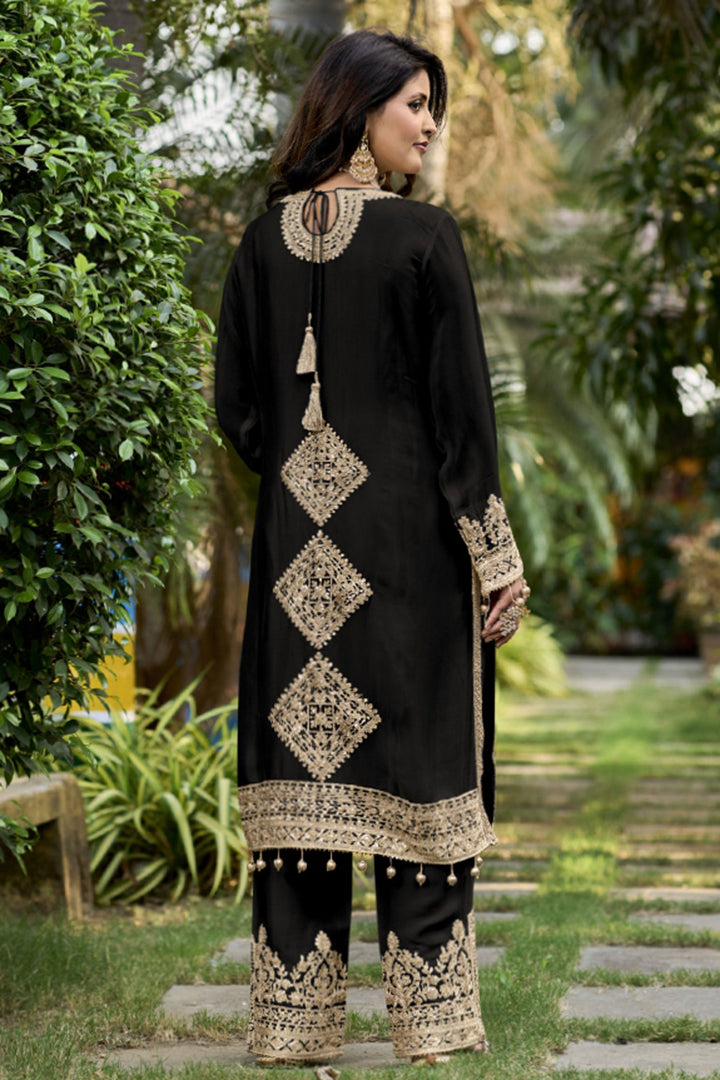 Black Color Festive Wear Embroidered Readymade Designer Salwar Suit In Chinon Fabric