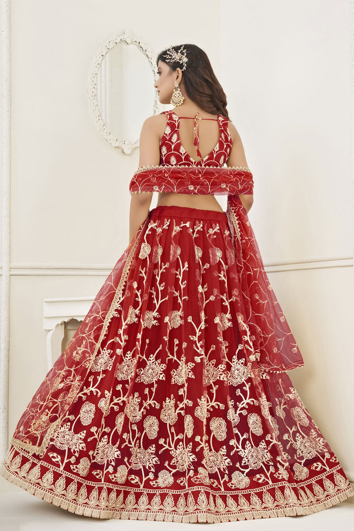 Wedding Wear Embroidered Net Lehenga In Red With Ravishing Blouse