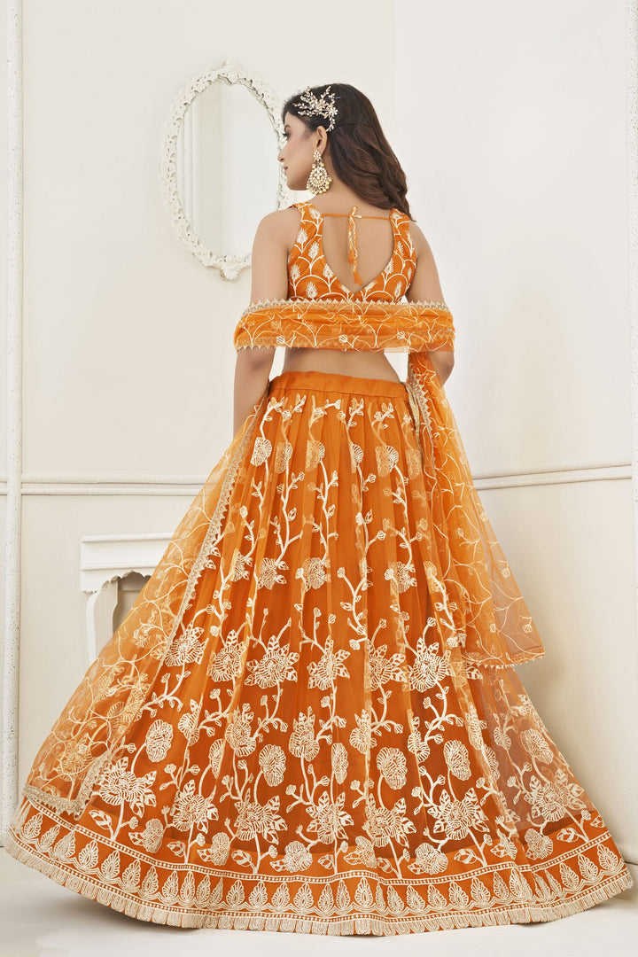Sangeet Wear Orange Net Embroidered Chaniya Choli With Beautiful Blouse