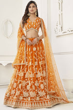 Load image into Gallery viewer, Sangeet Wear Orange Net Embroidered Chaniya Choli With Beautiful Blouse