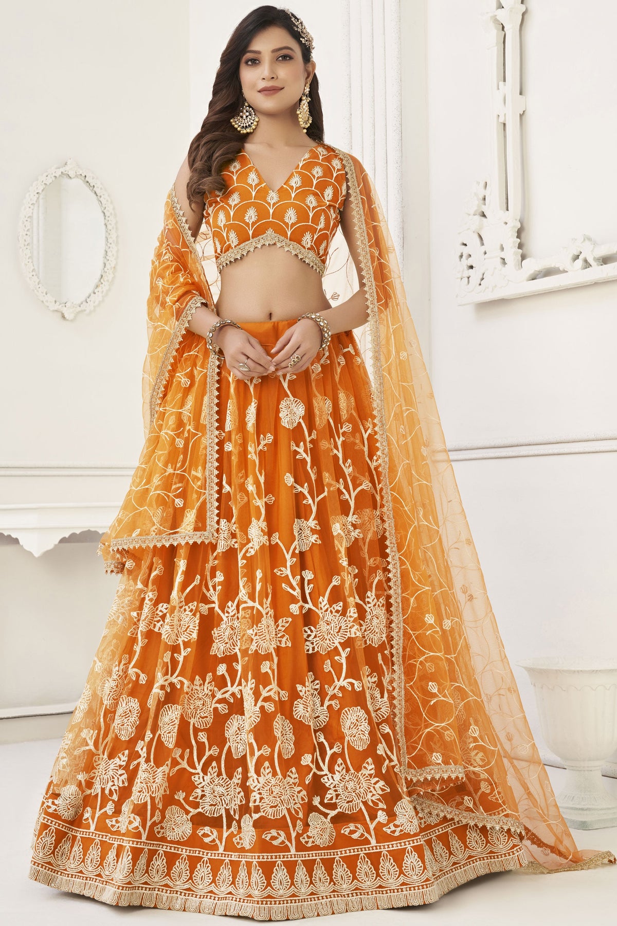 Sangeet Wear Orange Net Embroidered Chaniya Choli With Beautiful Blouse