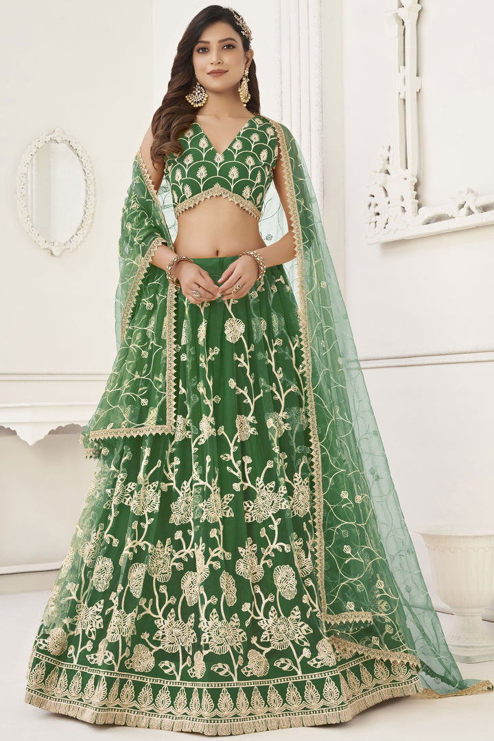Occasion Wear Embroidered Green Lehenga In Net Fabric With Designer Blouse