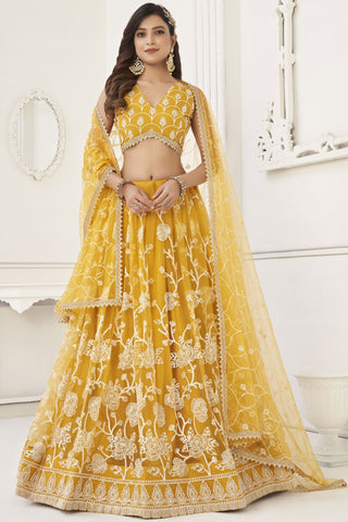 Alluring Yellow Designer Embroidered Lehenga Choli In Net Fabric With Blouse