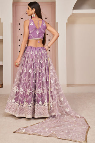 Purple Color Net Fabric Embroidered Work Appealing Lehenga