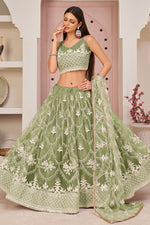 Load image into Gallery viewer, Net Fabric Embroidered Work Wonderful Lehenga In Green Color
