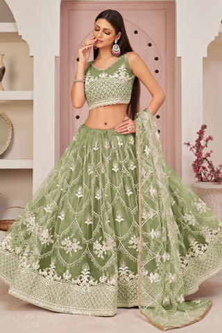 Net Fabric Embroidered Work Wonderful Lehenga In Green Color