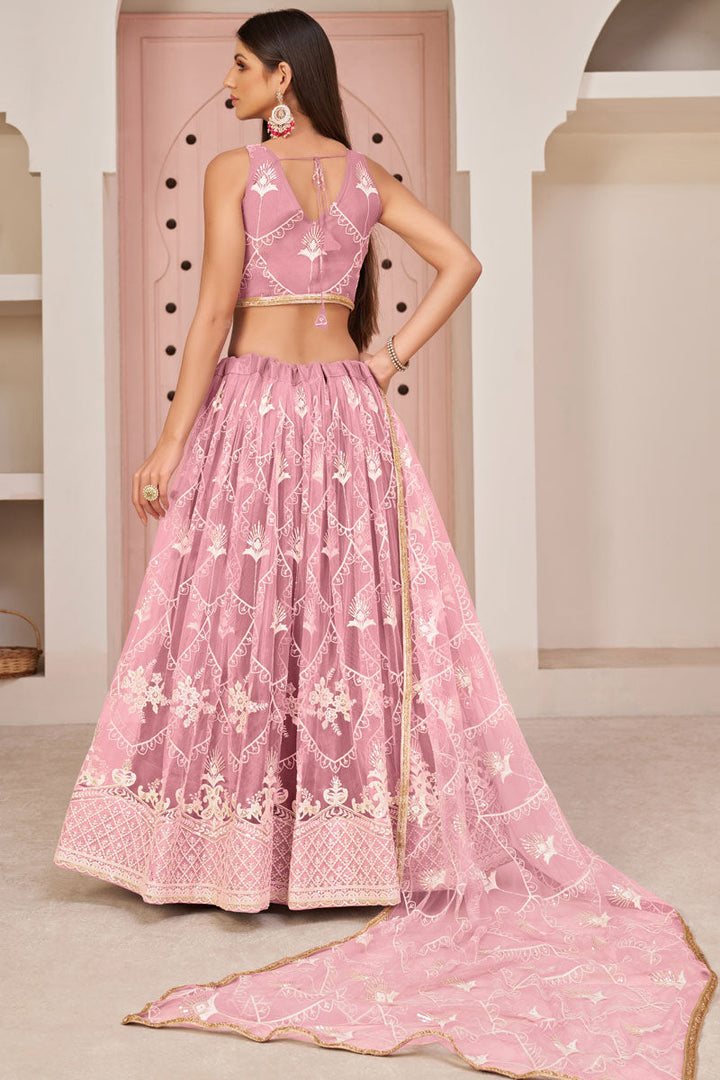 Net Fabric Pink Color Embroidered Work Fantastic Lehenga
