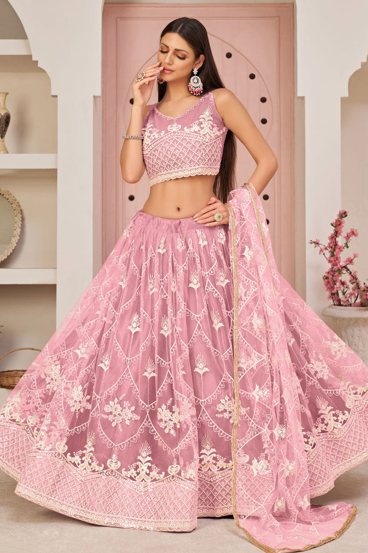 Net Fabric Pink Color Embroidered Work Fantastic Lehenga