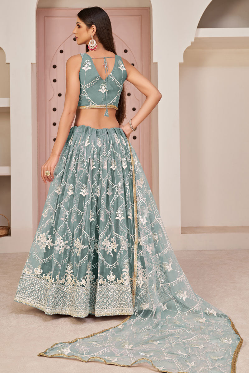 Net Fabric Embroidered Work Brilliant Lehenga In Grey Color