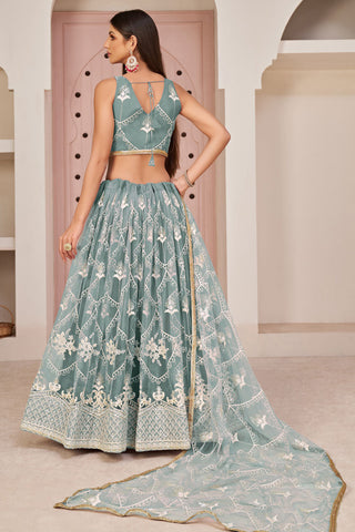 Net Fabric Embroidered Work Brilliant Lehenga In Grey Color