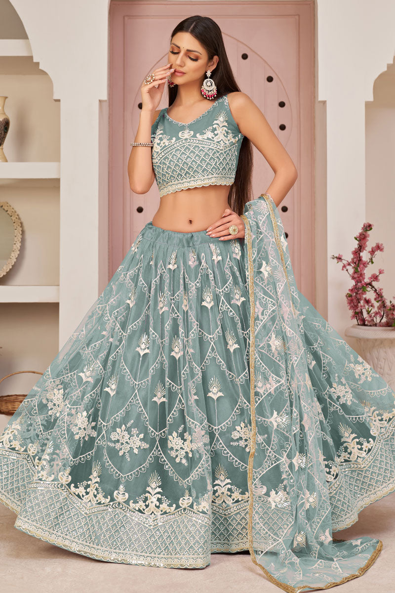 Net Fabric Embroidered Work Brilliant Lehenga In Grey Color