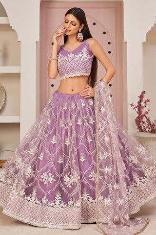 Purple Color Net Fabric Embroidered Work Appealing Lehenga