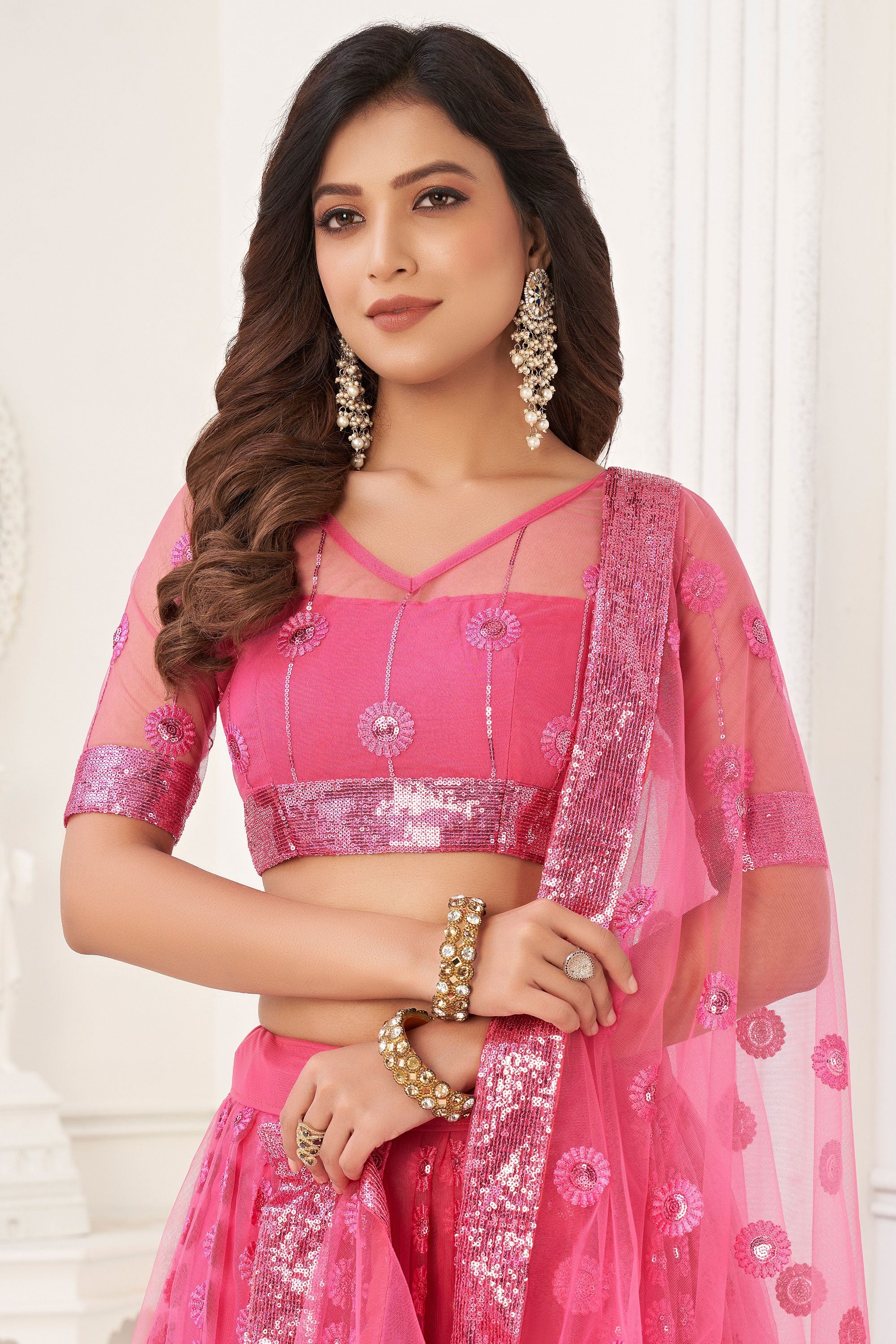 Net Fabric Embroidered Pink Designer 3 Piece Lehenga Choli