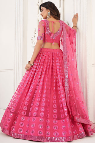 Net Fabric Embroidered Pink Designer 3 Piece Lehenga Choli