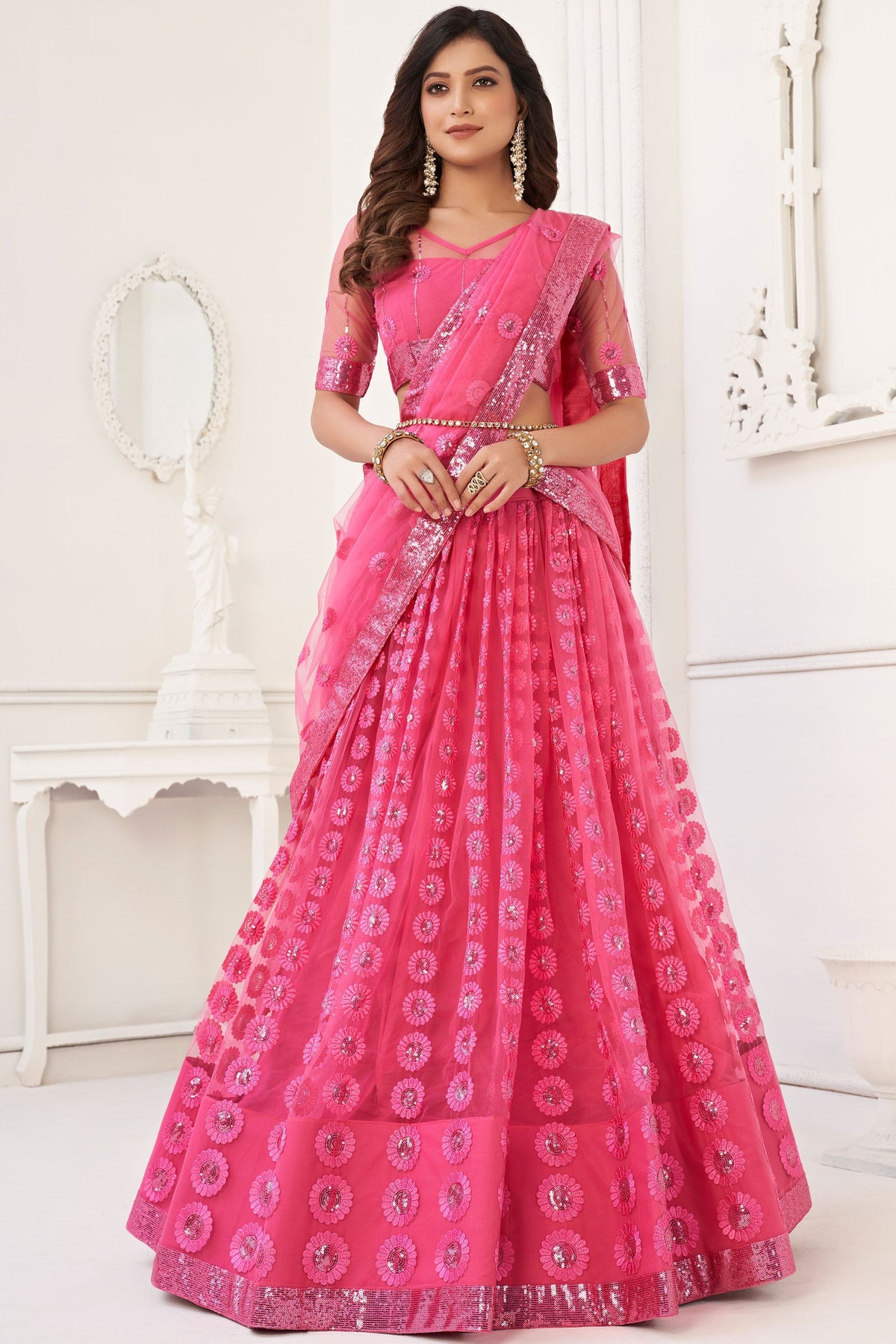 Net Fabric Embroidered Pink Designer 3 Piece Lehenga Choli