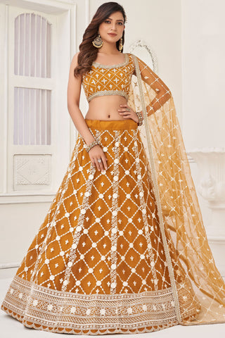 Mustard Color Net Wedding Wear Lehenga Choli With Embroidery Work