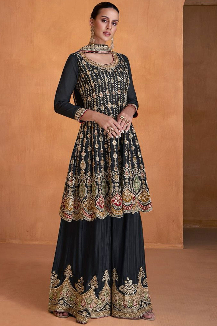 Navy Blue Color Festive Wear Embroidered Georgette Palazzo Suit