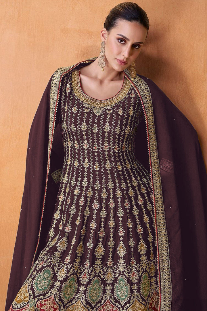 Reception Wear Georgette Fabric Embroidered Palazzo Suit In Brown Color