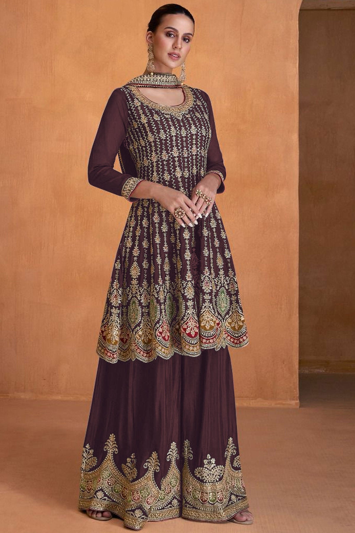 Reception Wear Georgette Fabric Embroidered Palazzo Suit In Brown Color