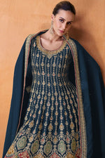 Load image into Gallery viewer, Sangeet Wear Embroidered Teal Color Palazzo Suit In Georgette Fabric