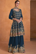 Load image into Gallery viewer, Sangeet Wear Embroidered Teal Color Palazzo Suit In Georgette Fabric